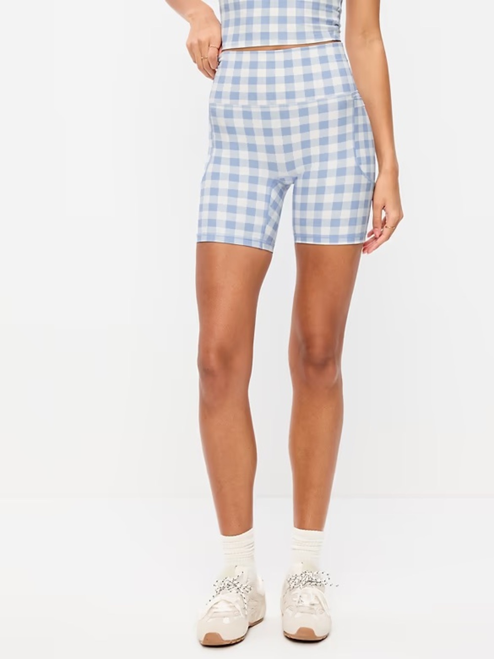 Blue Gingham Scoop Crop Tank & high waisted Biker Short Set - Women - Picture 3 of 4